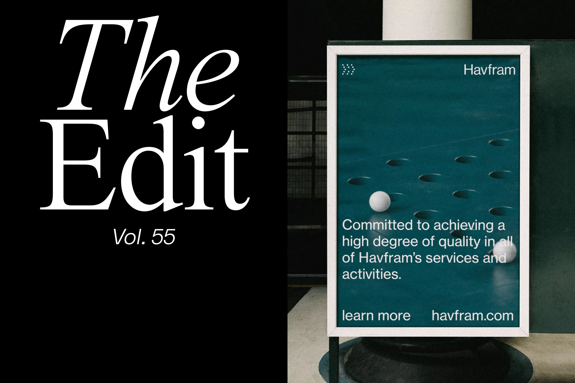 Artistic product advertisement with close-up of a Havfram poster in a white frame featuring an image of a pool table.