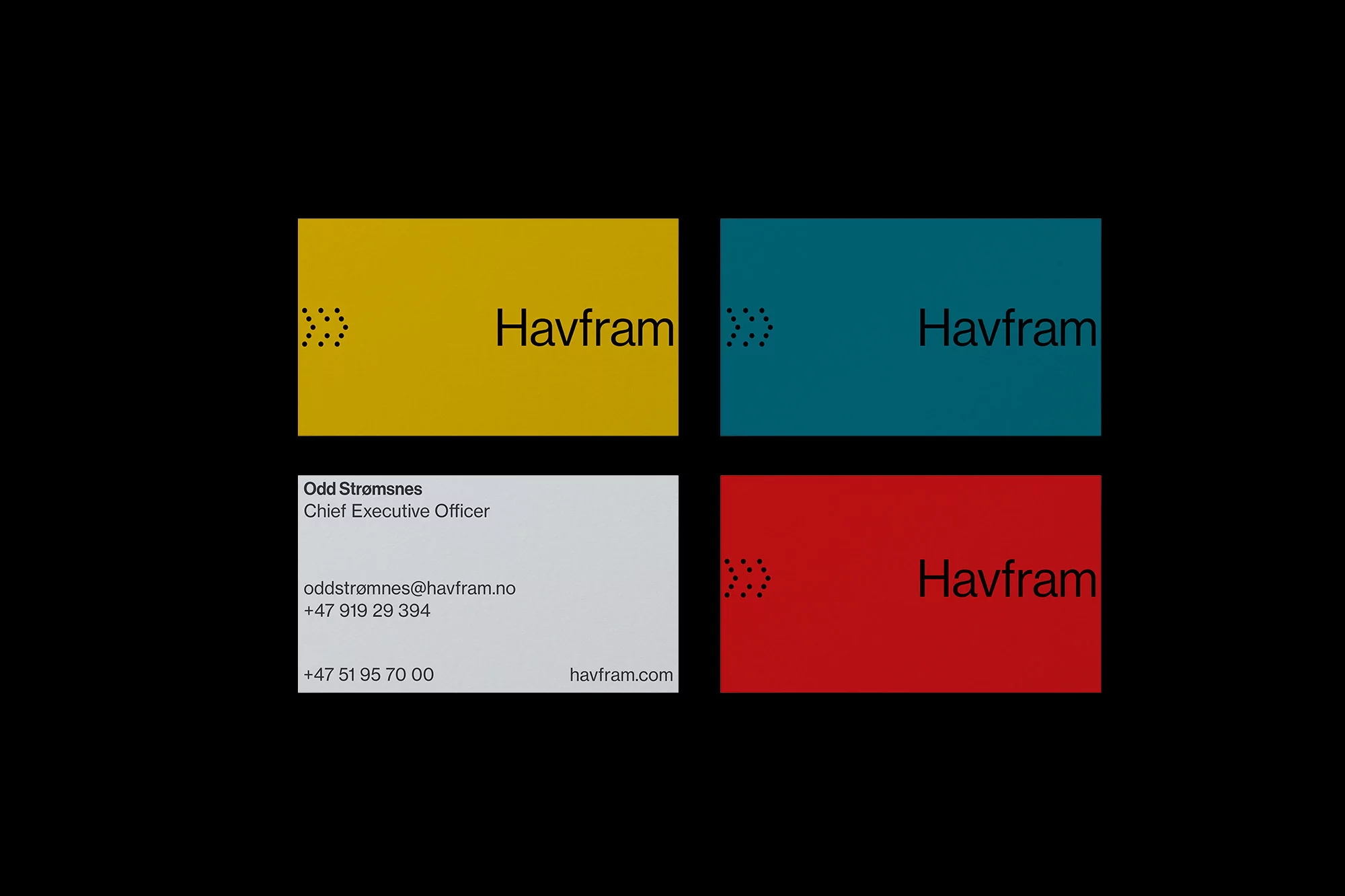 Four business cards with the company name Havfram are displayed against a black background, showcasing a clean and modern design.