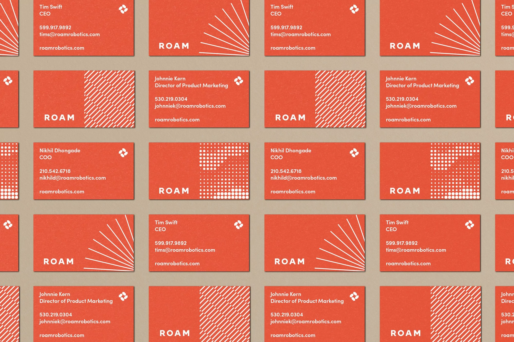 Grid of red business cards featuring textured paper, typographic details, and abstract geometric patterns for Havfram brand identity.