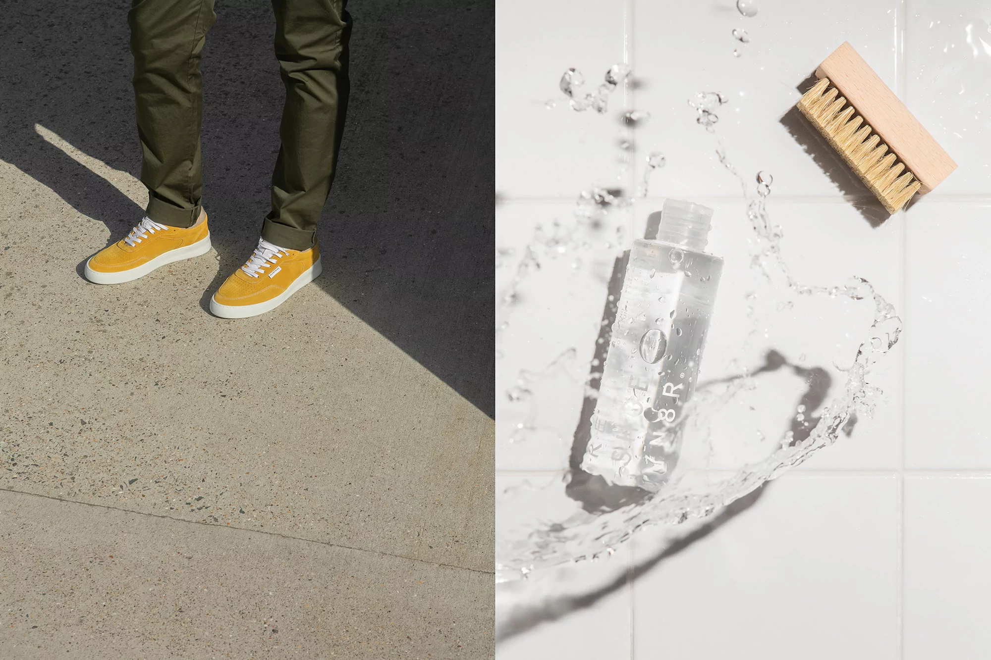 A person wears mustard-colored sneakers on a concrete surface alongside product shots featuring a bottle, brush, and water droplets.