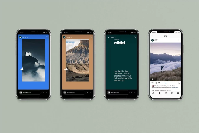 Four smartphones display various images and text against a pale green backdrop, showcasing mobile photography workshop posts.