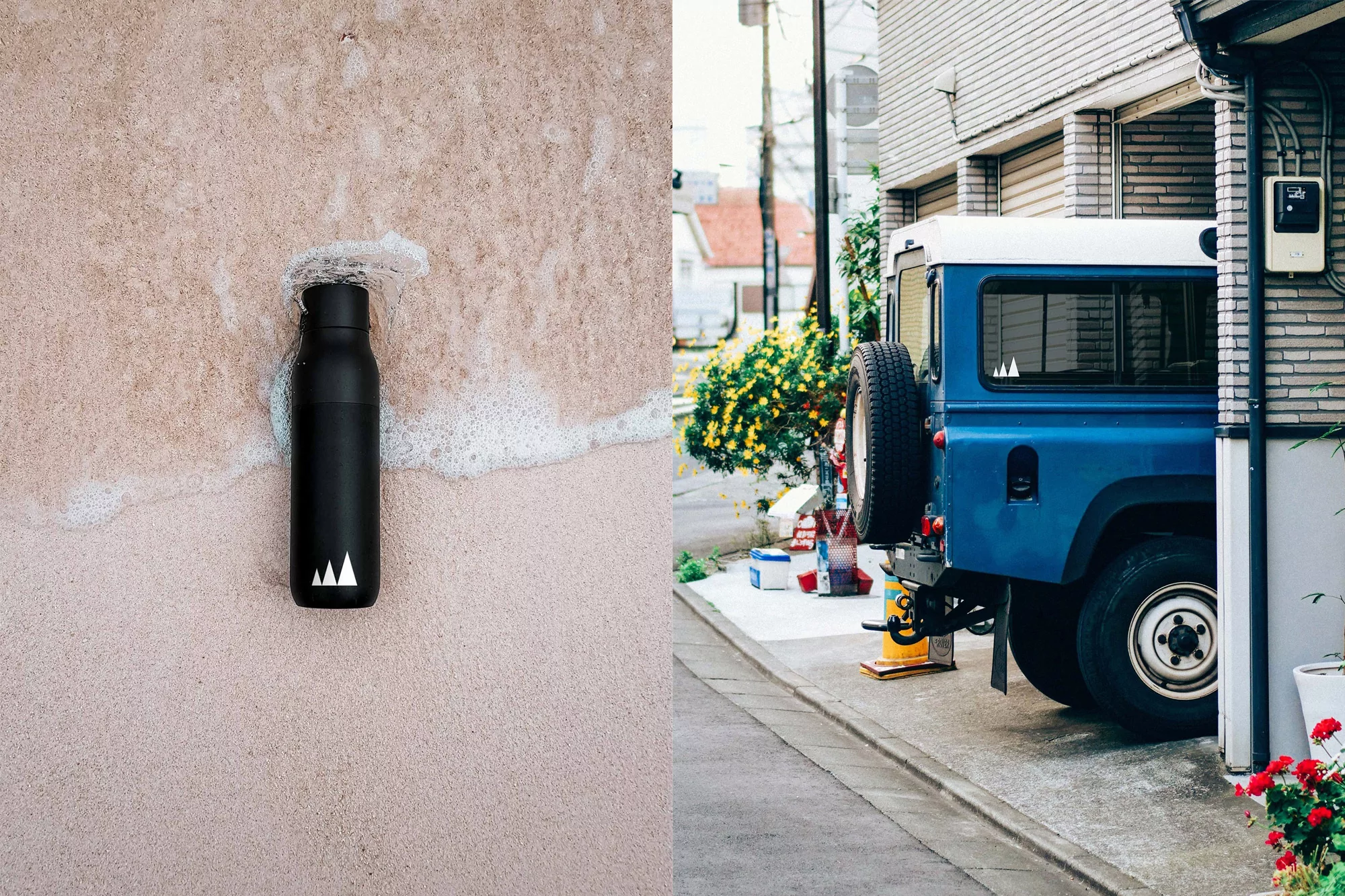 Black water bottle on beach sand with white wave; blue SUV parked on concrete driveway next to modern grey building.