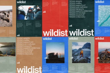 Wildist brand identity poster collage featuring typographic statements, photography, and a vibrant color palette.