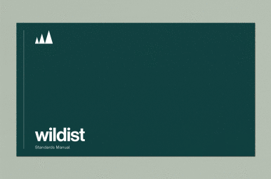 Dark green brand identity cover for wildist Standards Manual with white mountain logo and text against a textured pale border