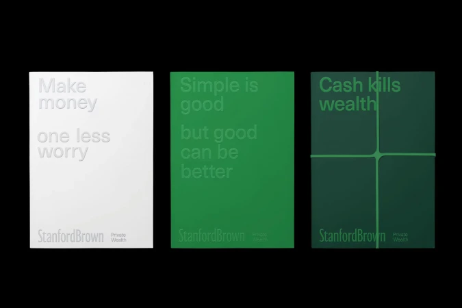 Three posters, each with a different color and phrase. One is white with the phrase "Make money one less worry". The other two are green.