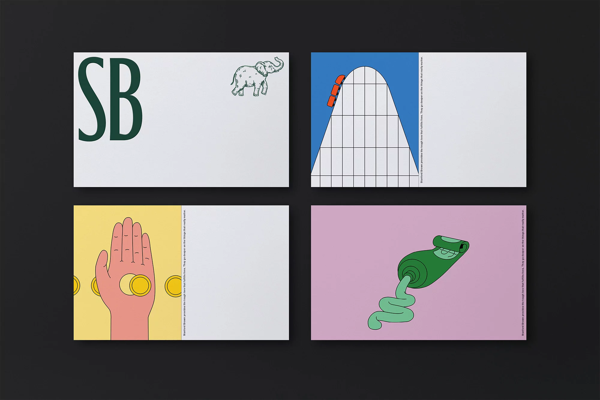 Illustrated design featuring initial letters, an elephant, a roller coaster, a hand with coins, and a tube of toothpaste, all against colored backgrounds.