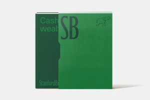 Green Stanford Brown brand identity book with slipcase featuring SB monogram and elephant graphic against a white background