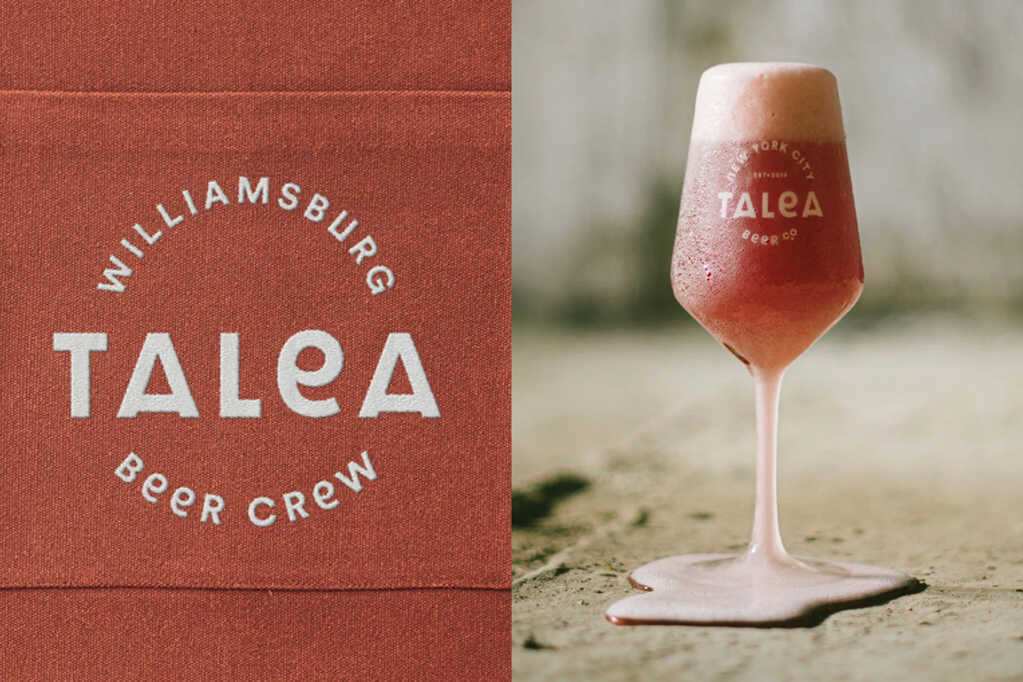 Close-up of a beer glass with the Talea Beer Co. logo and a terracotta-colored fabric with the brewery's name embroidered on it.