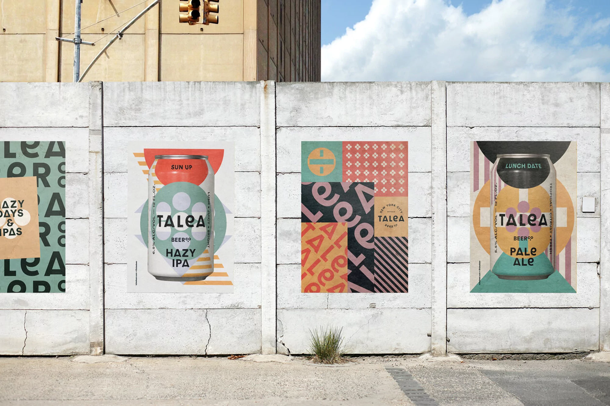 Outdoor posters for Talea Beer featuring vibrant designs and can graphics are affixed to a textured concrete wall in an urban setting.