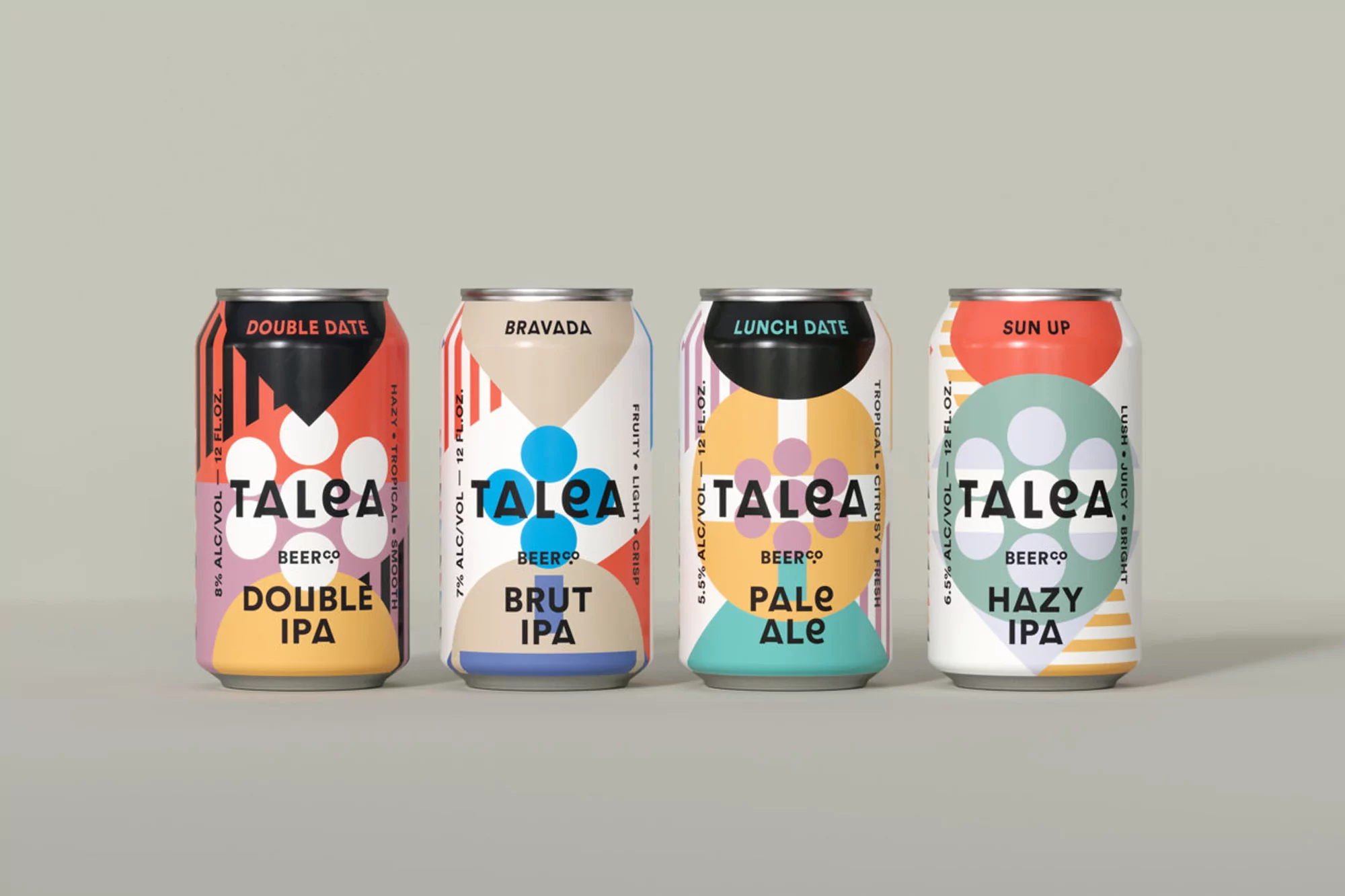 Four colorful cans of Talea beer, including Double Date Double IPA, Bravada Brut IPA, Lunch Date Pale Ale, and Sun Up Hazy IPA.