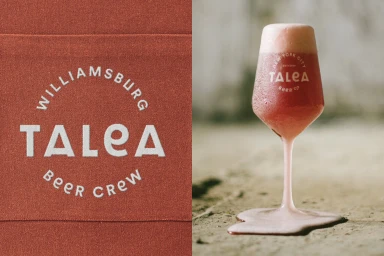 Close-up split view showing embossed Talea branding on textured fabric and a glass of pink beer with foam.