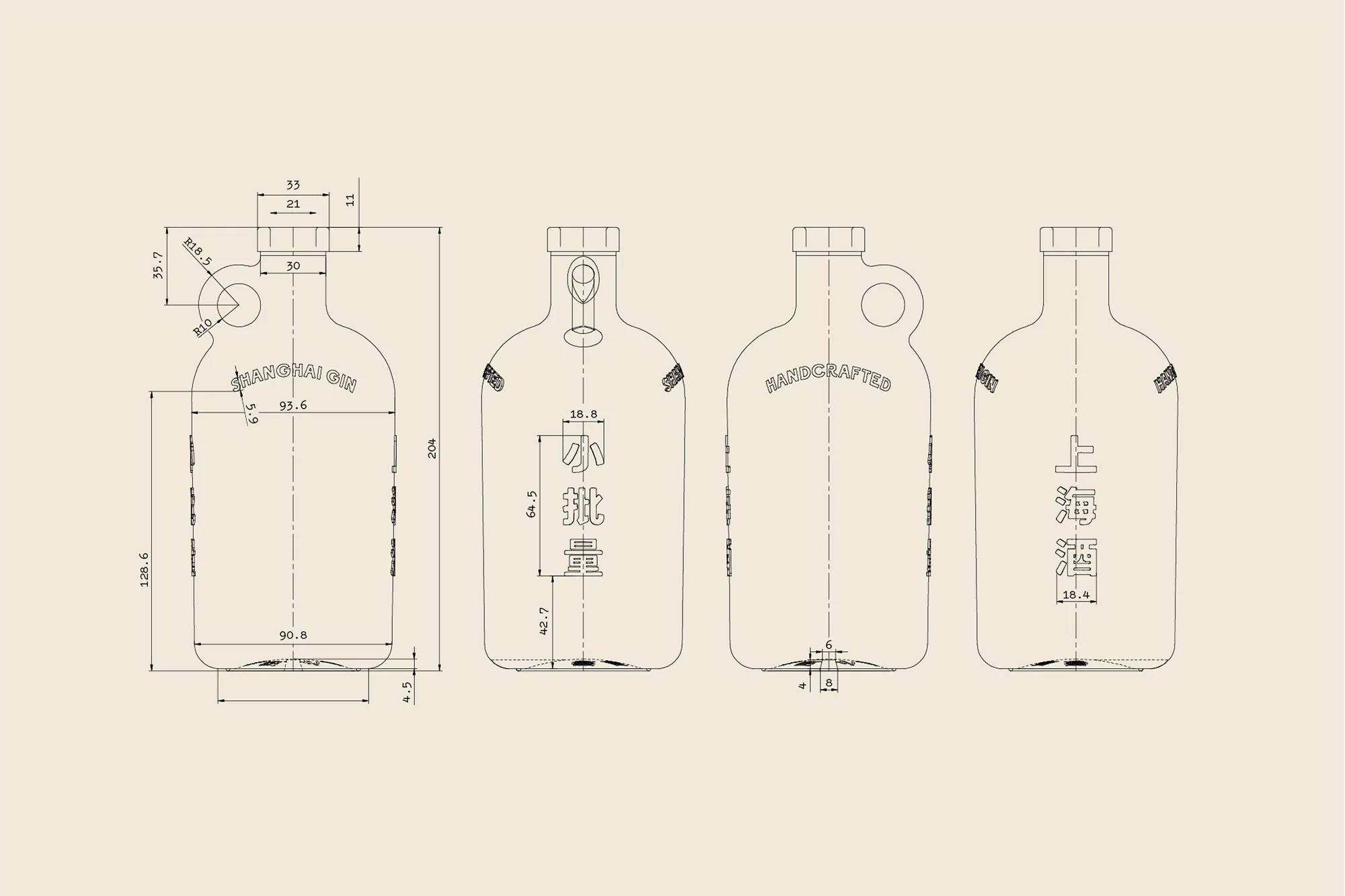 Four bottle blueprint drawings with measurements and Chinese and English text on a cream background, showcasing product design and engineering.