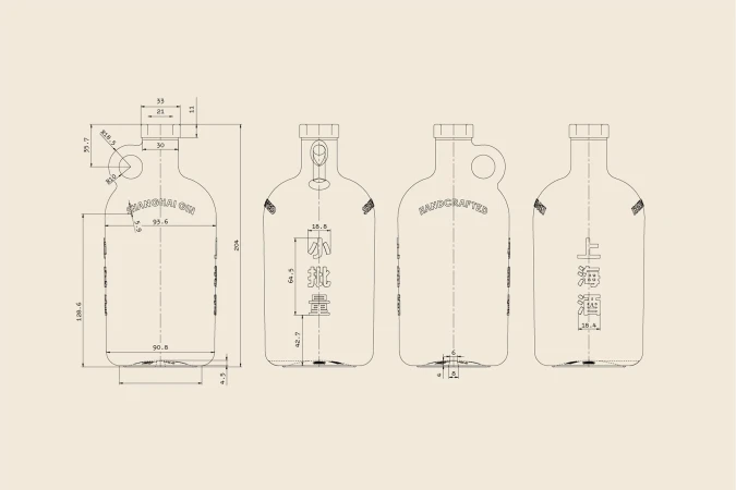 Four bottle blueprint drawings with measurements and Chinese and English text on a cream background, showcasing product design and engineering.