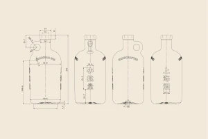 Technical line drawings showing four different profile angles of a glass spirit bottle with measurements and typographic details.