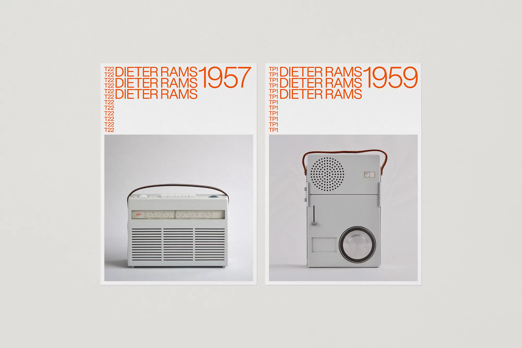 Two vintage Dieter Rams radio posters from 1957 and 1959, each showcasing minimalist design and clean lines on a white backdrop.