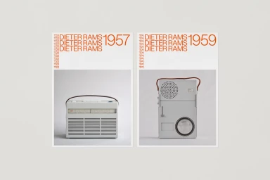 Two graphic design posters featuring Dieter Rams radios from 1957 and 1959 with minimalist typography against a white background