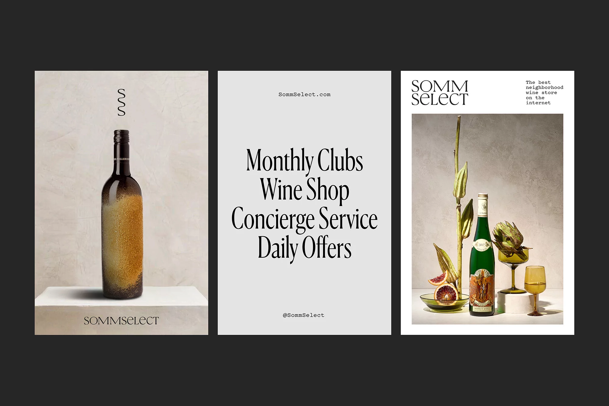 Three panels showcase SomSelect branding with a wine bottle, website text, and a decorative still life of wine and citrus.
