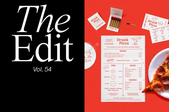 Drunk Pizza ad in red, white, and black, featuring a slice of pepperoni pizza, matchboxes, and a menu with drink and pizza pricing.