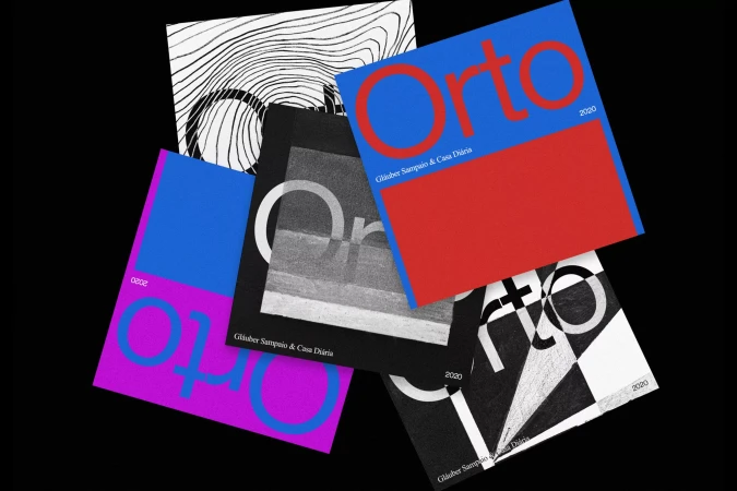 Arrangement of Orto magazine covers in purple, blue, red, and black and white tones, displaying typography and graphic design elements against a dark backdrop.