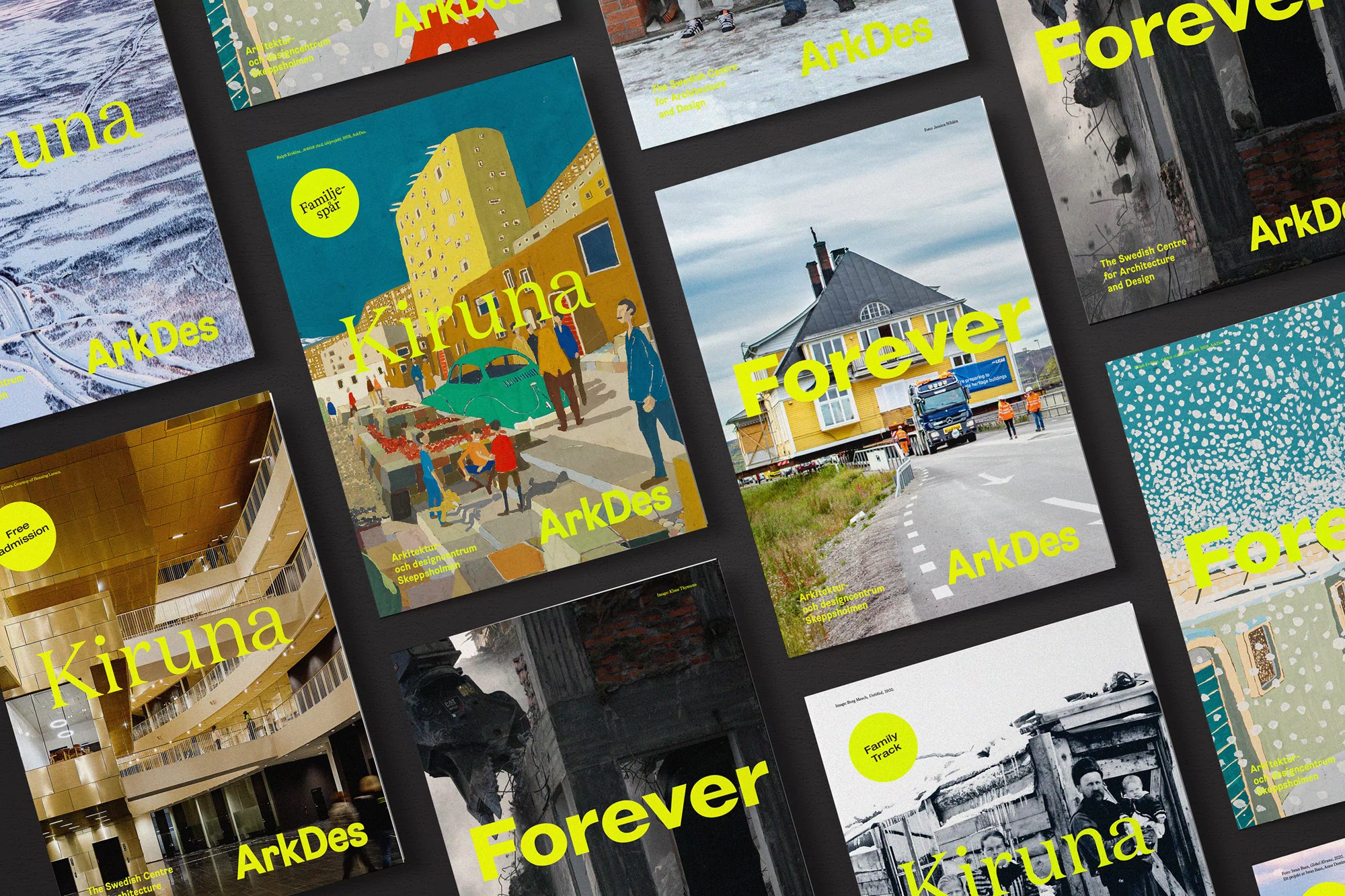 Display of multiple magazine covers featuring architectural and urban designs. The covers include building illustrations, cityscapes and the logo 'ArkDes'.