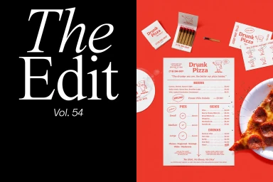 Split composition featuring black panel with white serif text and red panel showcasing pizza branding stationery and a pizza slice