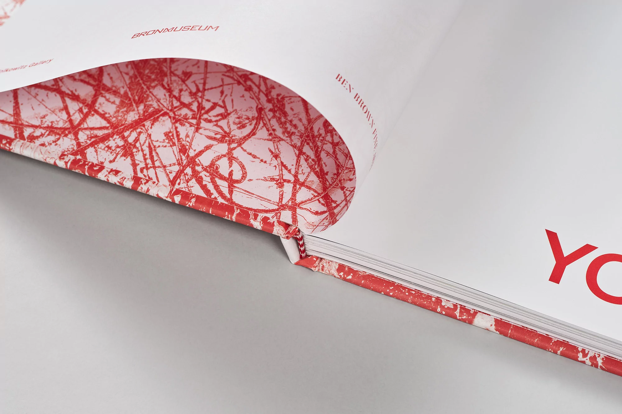 Open art book featuring red abstract line art against a white background, showcasing graphic design elements on the pages.