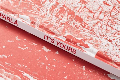 Close-up of a book spine featuring red text reading IT'S YOURS on a textured coral red and white background designed by Javas Lehn Studio.