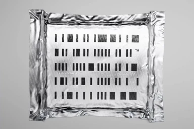 Rectangular metallic silver foil package featuring rows of black barcode-like vertical bars against a plain grey background
