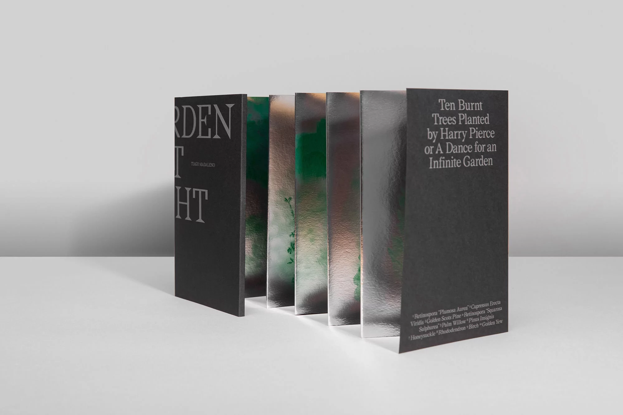 Multiple black and silver books with various garden-related titles are arranged in a row against a gray backdrop, emphasizing design.