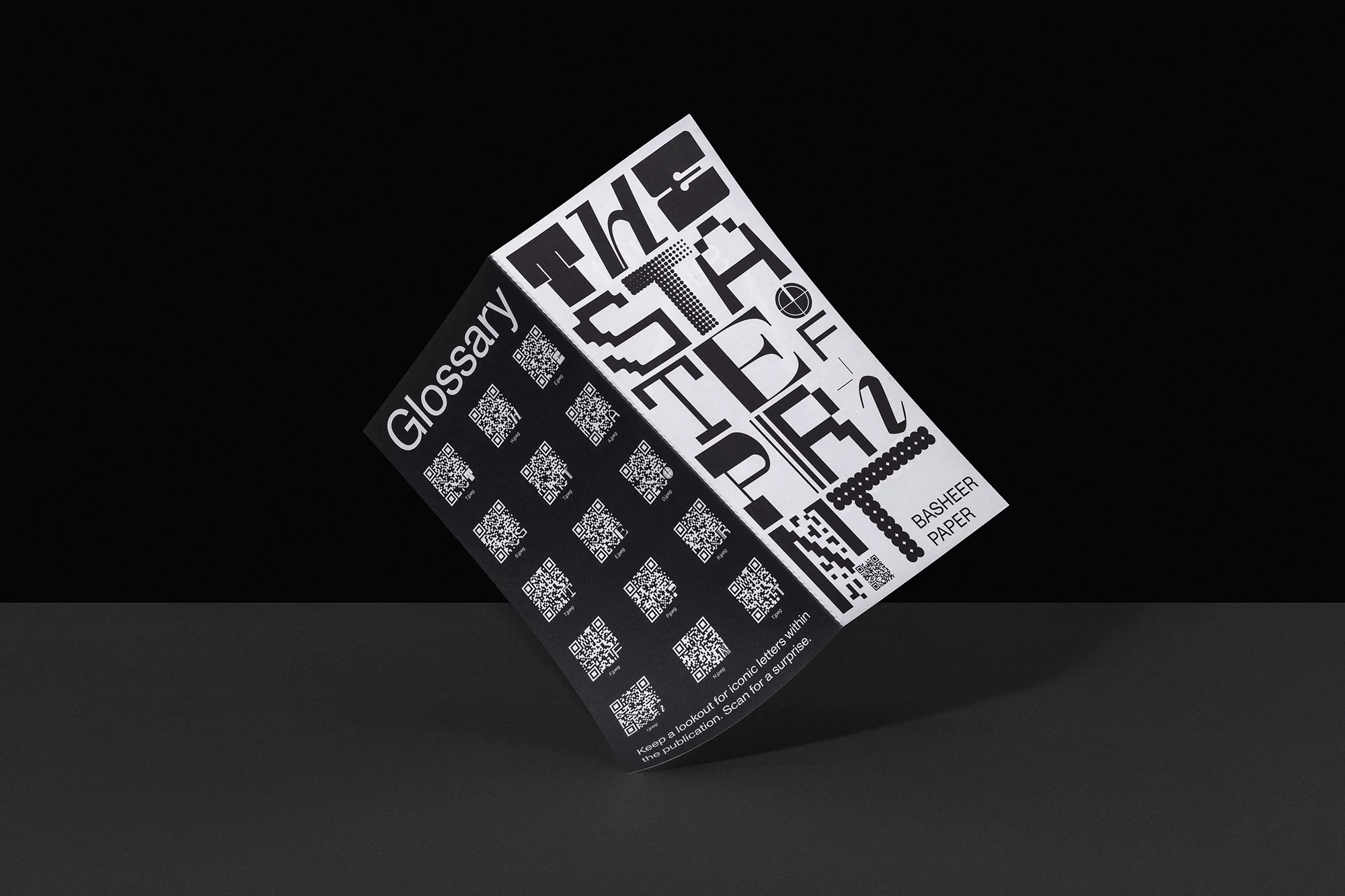 Promotional material featuring the Basheer Paper Glossary, showcasing graphic design and typography on a black background, with visible QR codes.