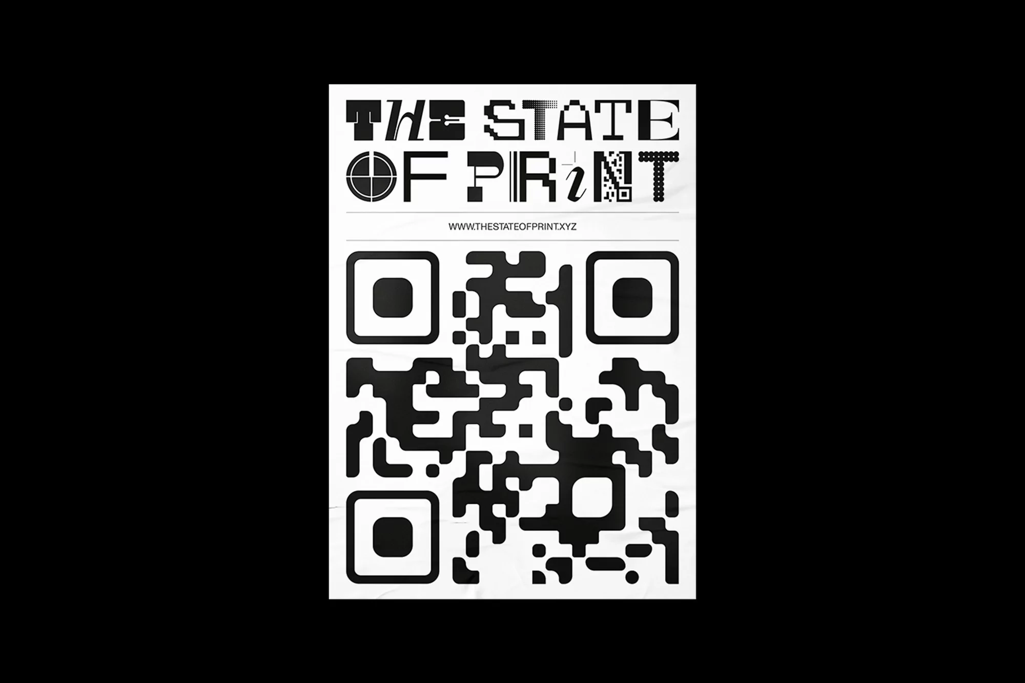 Graphic design poster featuring a QR code with the phrase "The State of Print" above it, all in black and white against a black background.