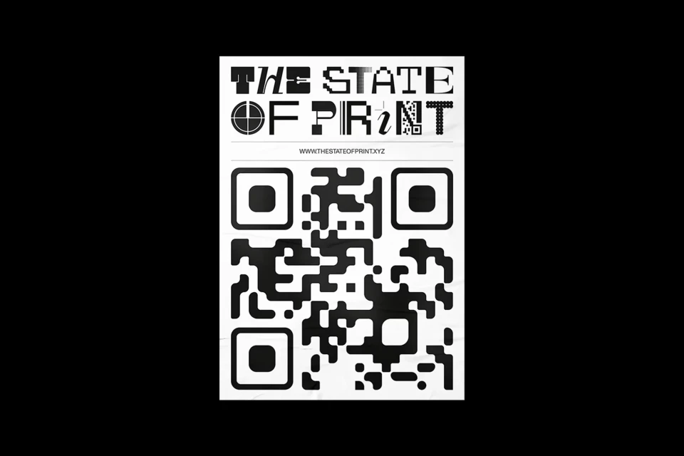Graphic design poster featuring a QR code with the phrase "The State of Print" above it, all in black and white against a black background.