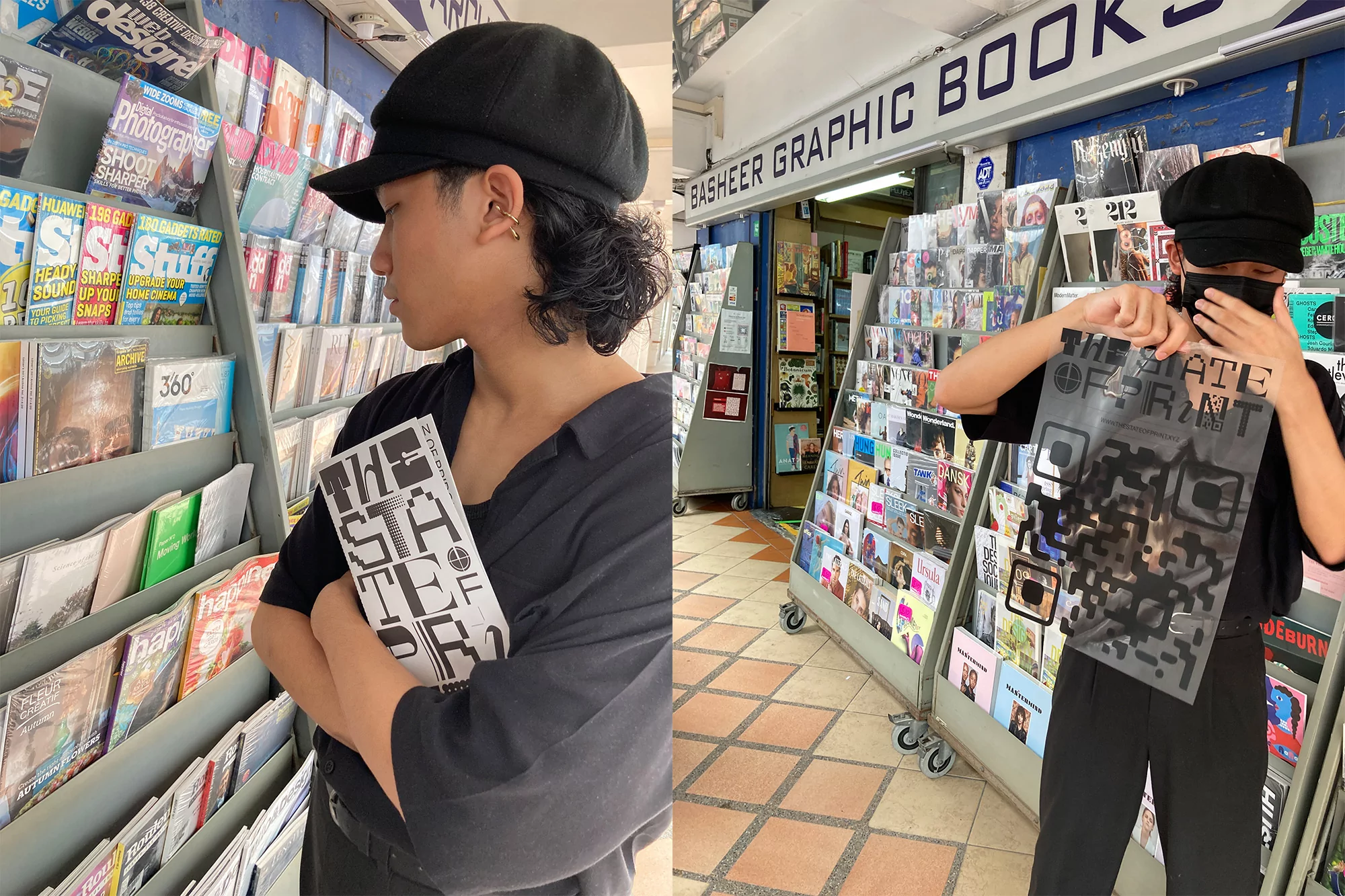 Young Asian adult browsing a magazine rack at Basheer Graphic Books, wearing a black cap and holding The State of Print magazine.