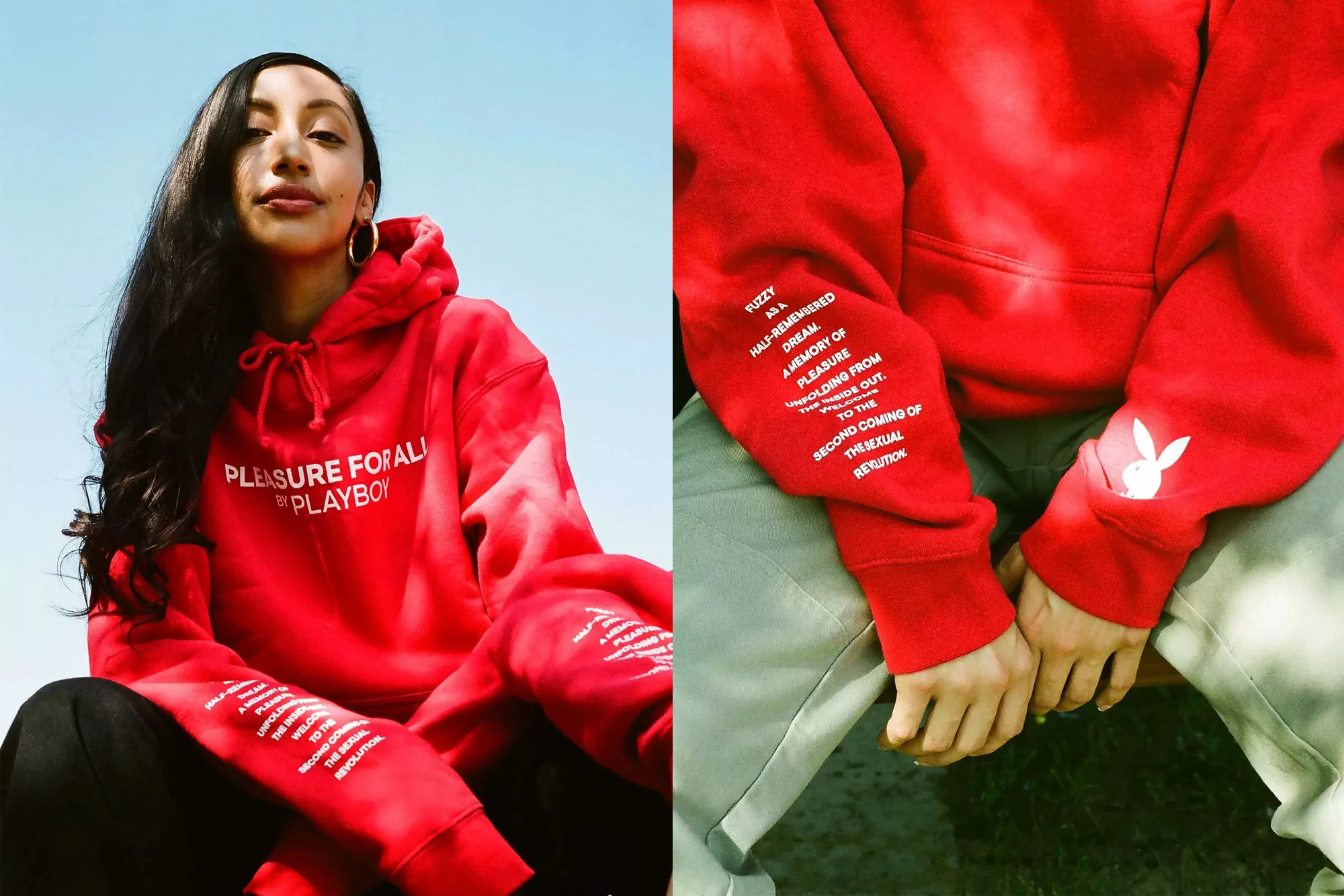 A woman with long dark hair poses in a red Playboy hoodie outdoors against a bright blue sky, with text on the sleeves.
