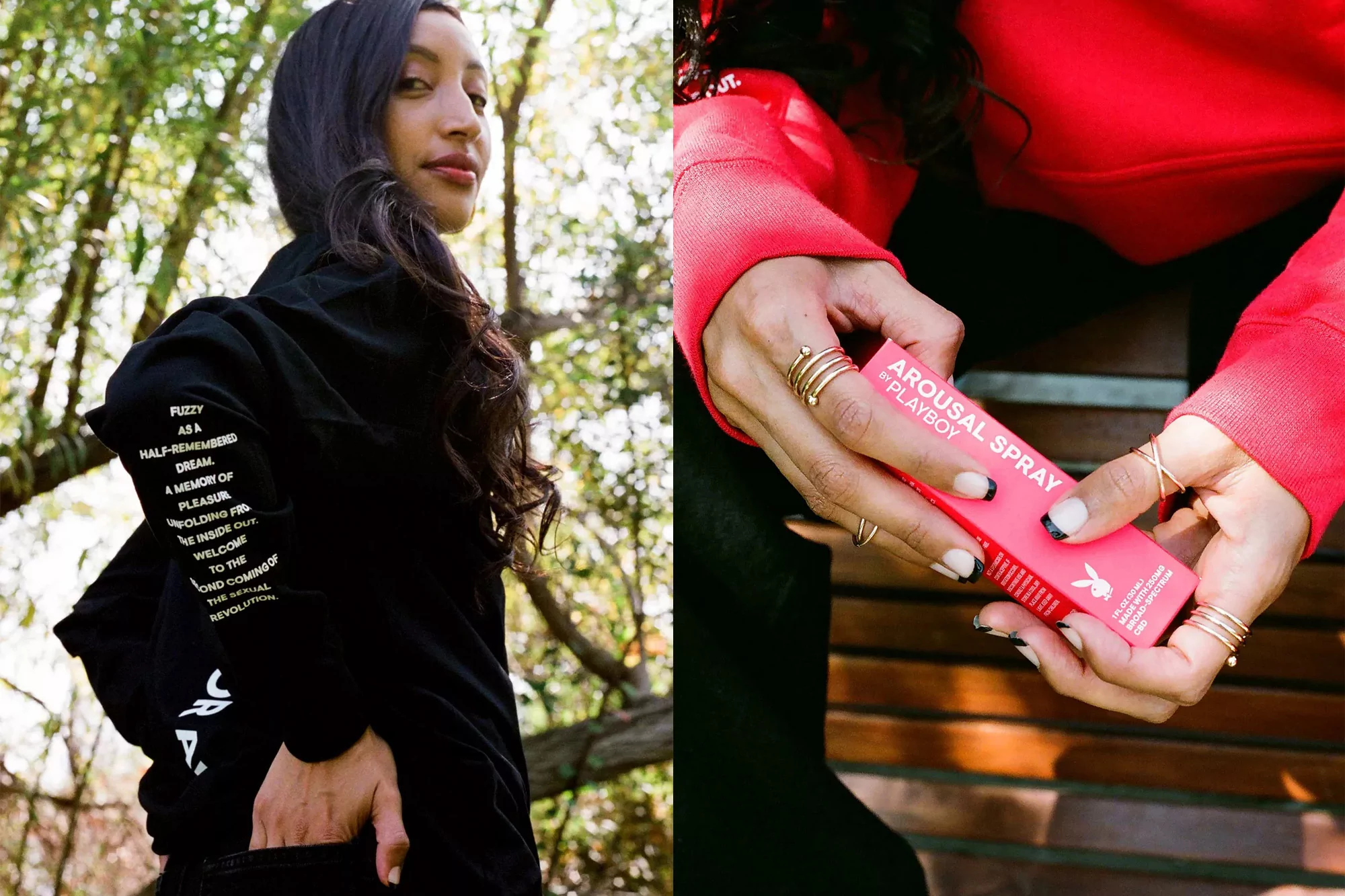 Brunette woman poses in nature wearing printed hoodie. Close up of hands holding arousal spray product in red hoodie. Beauty and fashion shot.