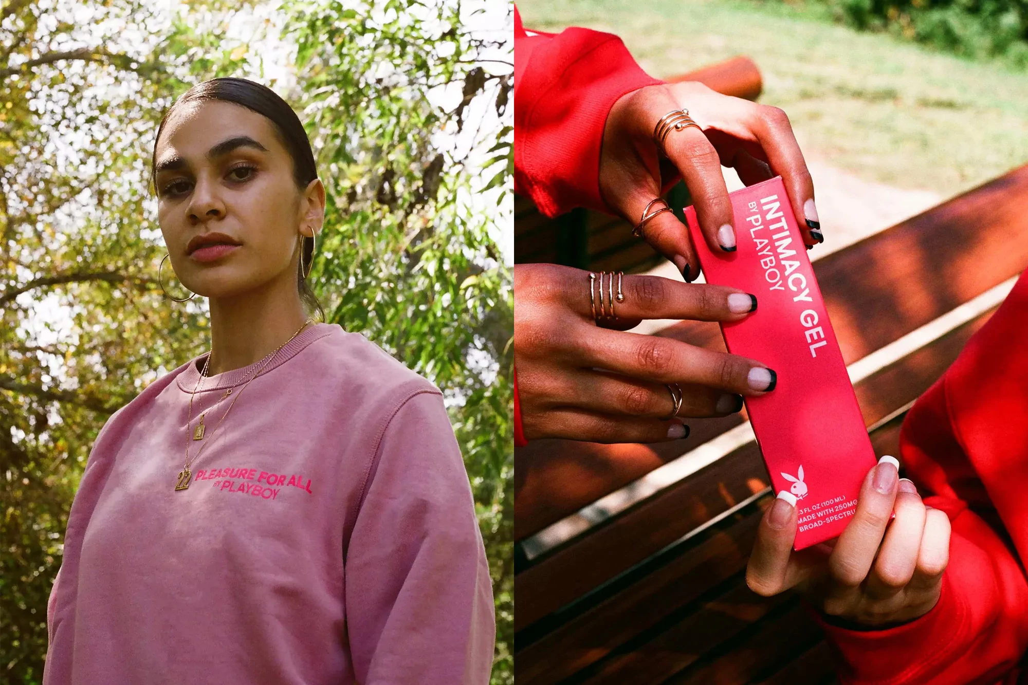 Woman in a pink Playboy sweatshirt stands outside near trees; hands hold Intimacy Gel box with Playboy logo on a wooden bench.