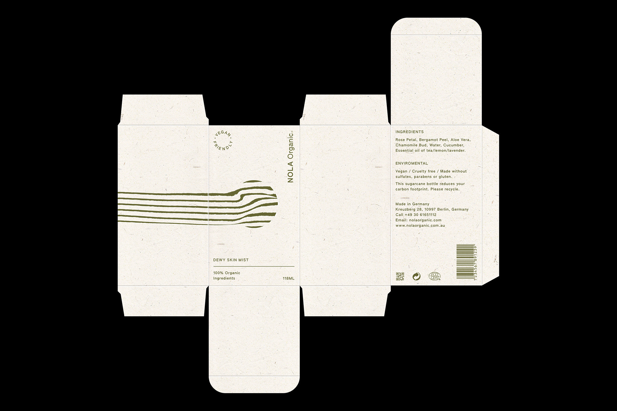 Unfolded beige and green packaging design with ingredients and brand details for NOLA Organic Dewy Skin Mist, shot in photo studio.