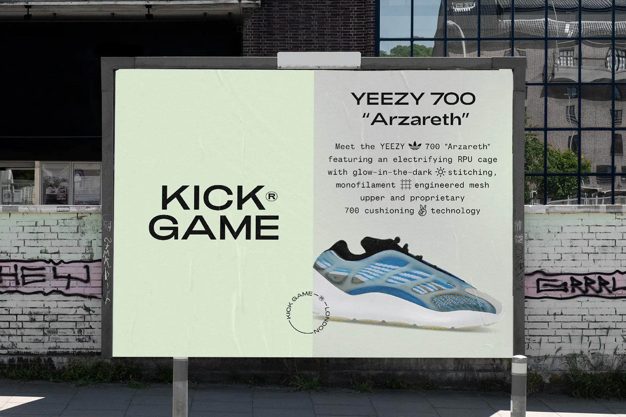 Outdoor billboard showcasing a Yeezy 700 'Azareth' sneaker advertisement with 'Kick Game' branding against an urban brick wall backdrop.