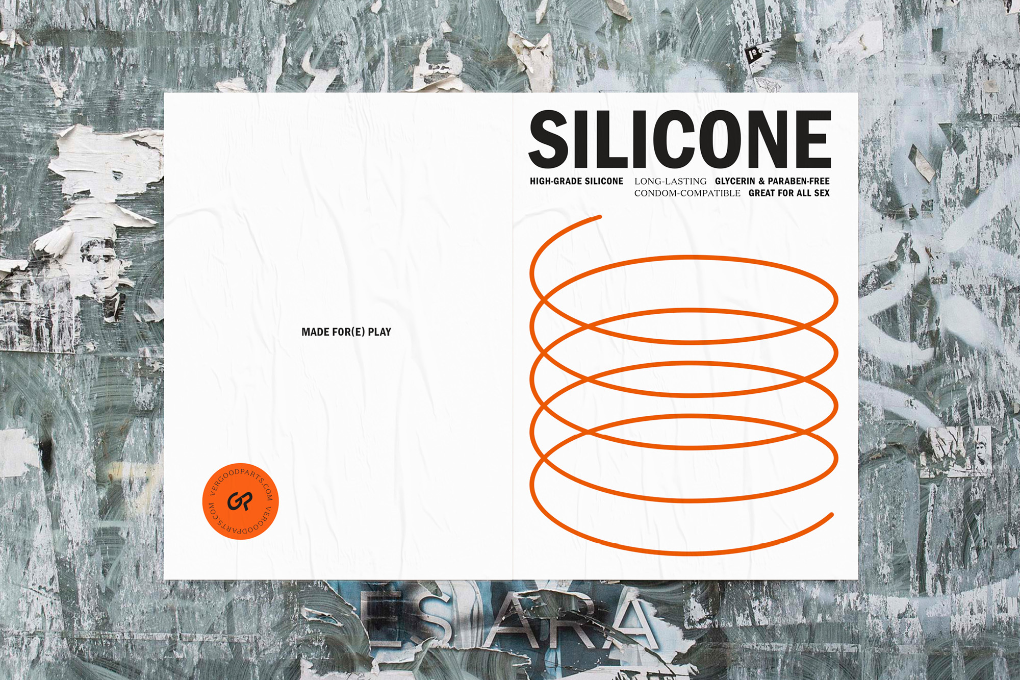 Advertisement featuring the word 'Silicone' in bold, next to a coil illustration, placed on a textured concrete wall with ripped posters.