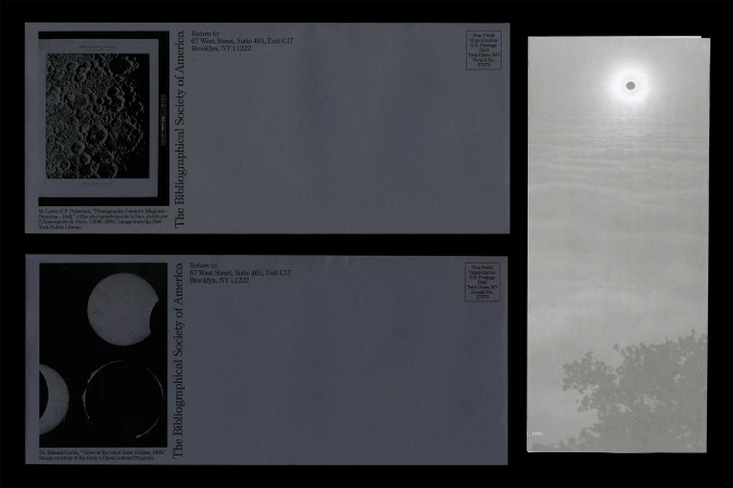 Two envelopes from The Bibliographical Society of America sit side by side, featuring images of the moon and a solar eclipse.