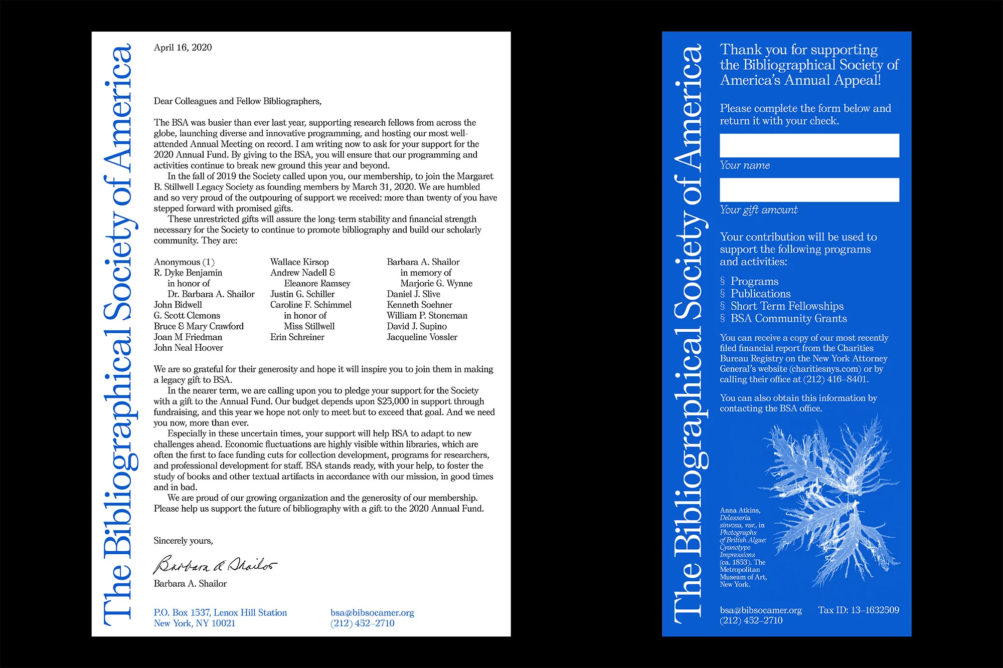 Informational flyer for The Bibliographical Society of America with donation form, contact details, and list of donors.