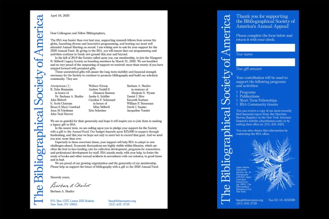 Informational flyer for The Bibliographical Society of America with donation form, contact details, and list of donors.