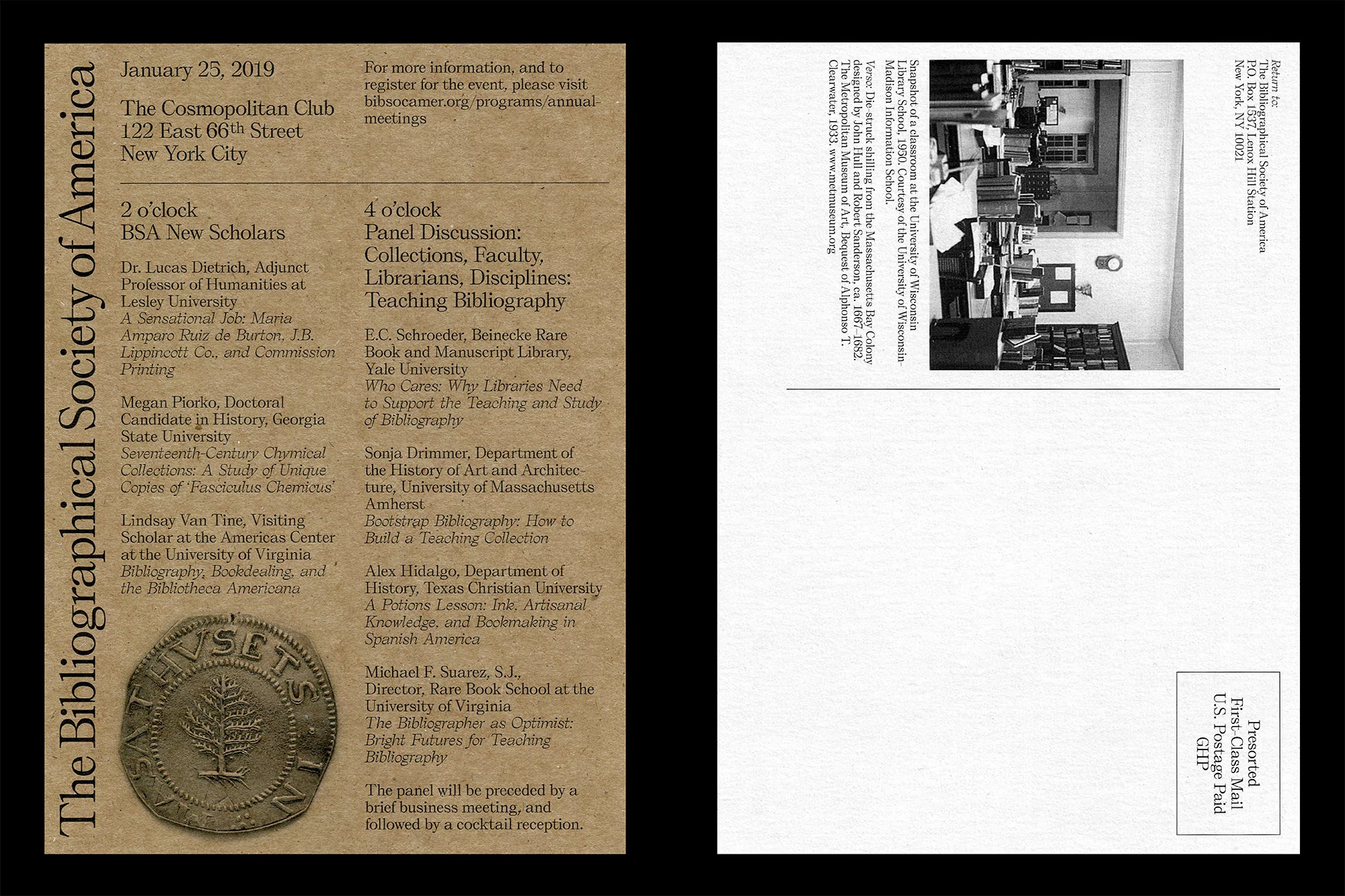 Flyer for The Bibliographical Society of America event on January 25, 2019, at The Cosmopolitan Club in New York City, featuring speakers and discussion panels.