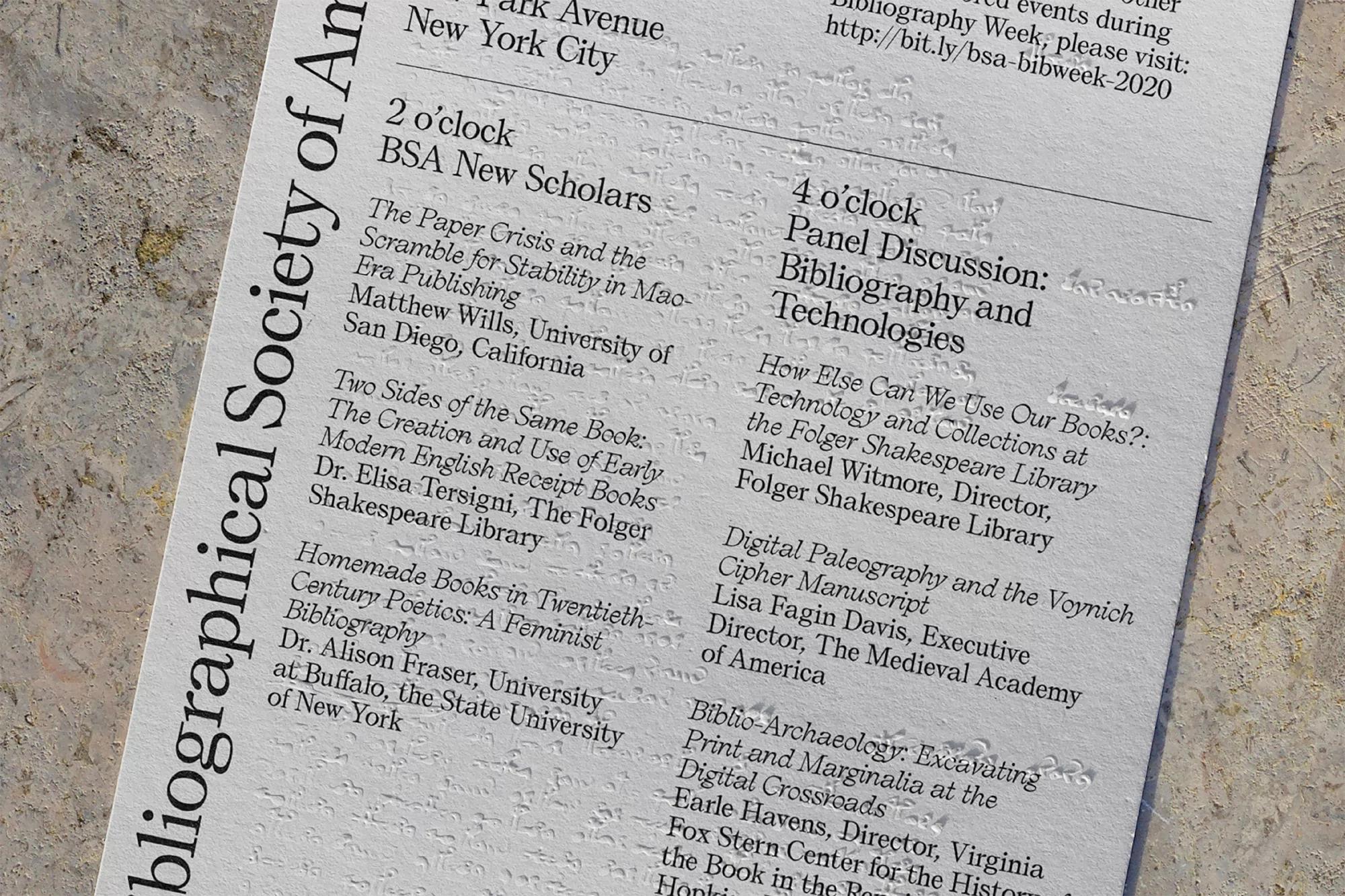 Flyer announcing upcoming events including lecture series, panel discussion, and bibliography technologies at various New York City locations.