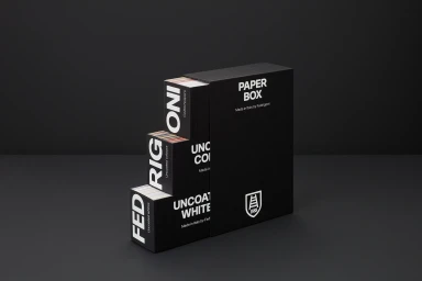 A black tiered paper box set with white typography on a dark surface, created for Fedrigoni by Graphic Thought Facility.