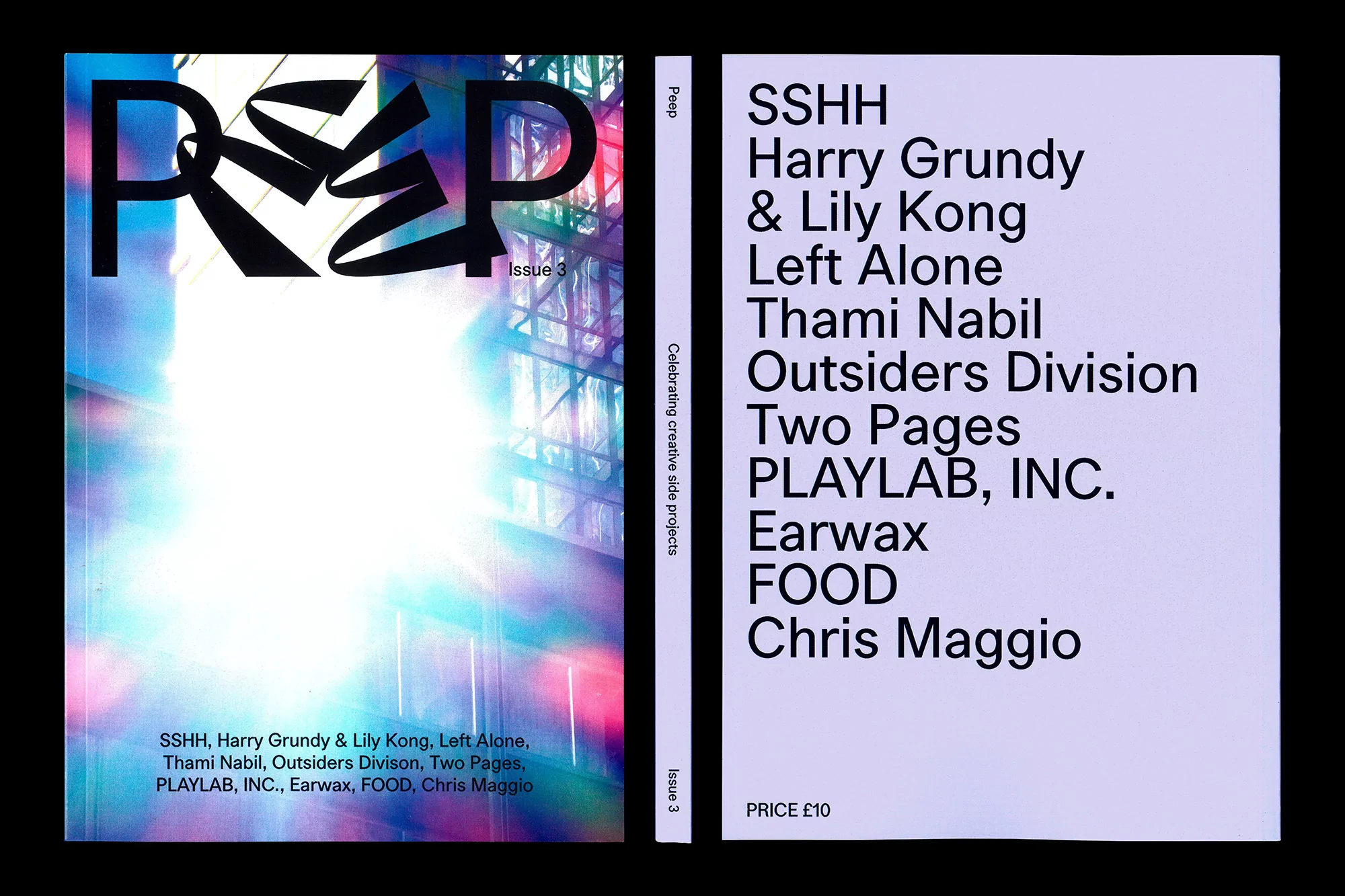 Two covers of 'Peep' magazine issue 3, featuring creative side projects. The covers display the magazine's title, issue number, and contributing artists.