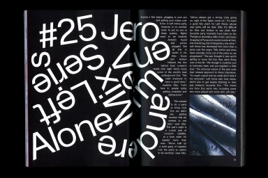 Spread of an editorial magazine featuring bold white typography on a black background and text columns