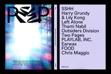 Peep brand identity magazine cover with bold typography and a vibrant abstract photographic background