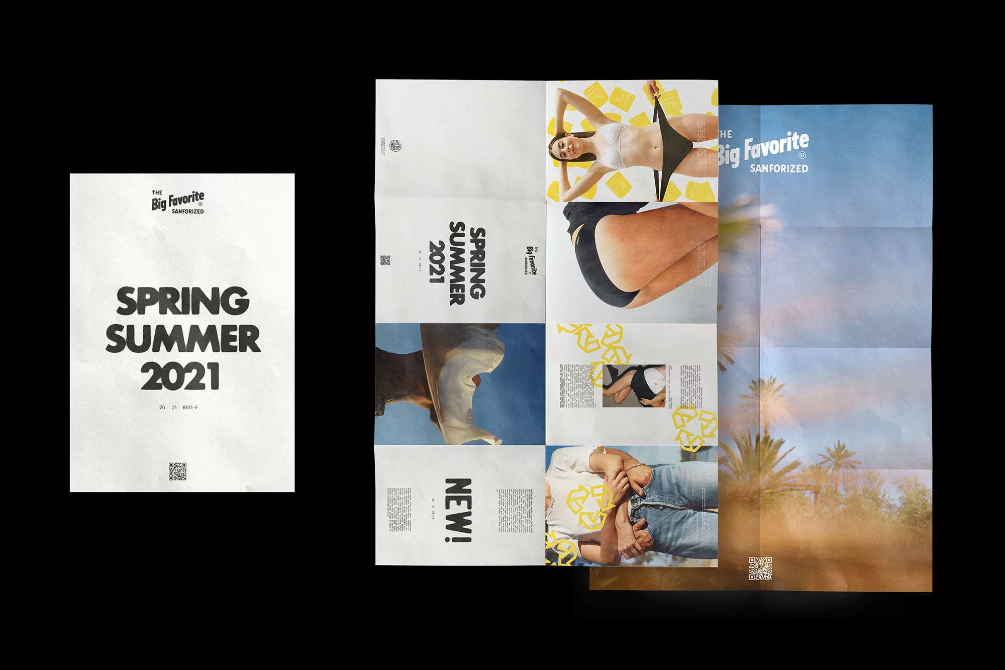 Collage of 'The Big Favorite' spring/summer 2021 campaign posters showing models, clothing, and palm tree landscapes on black background.
