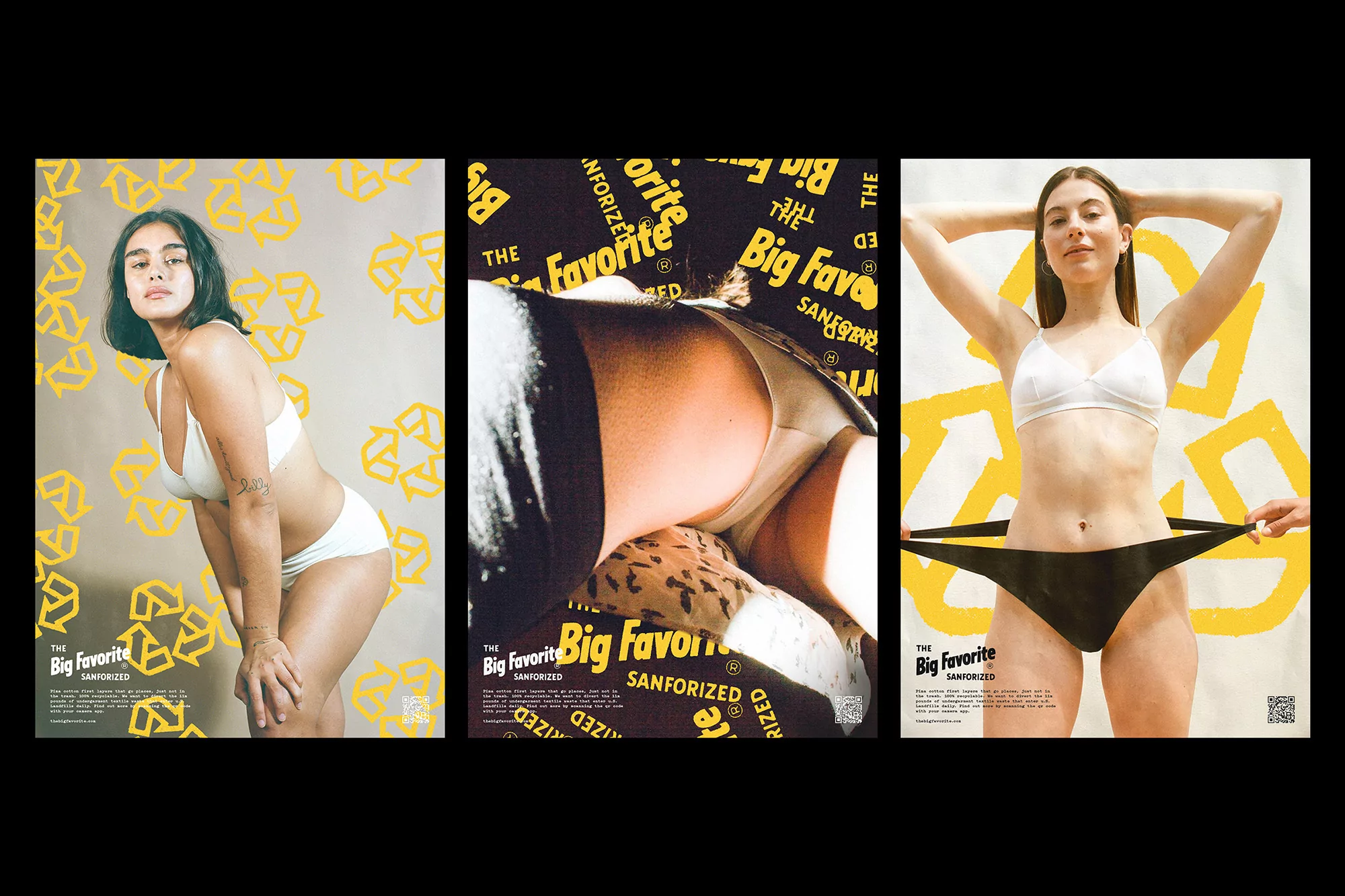 Three panels display a woman in underwear against backdrops with recycling symbols and logos for The Big Favorite Sanforized brand.